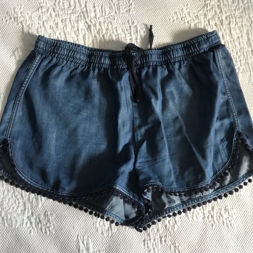 Aqua drawstring shorts with crochet trim